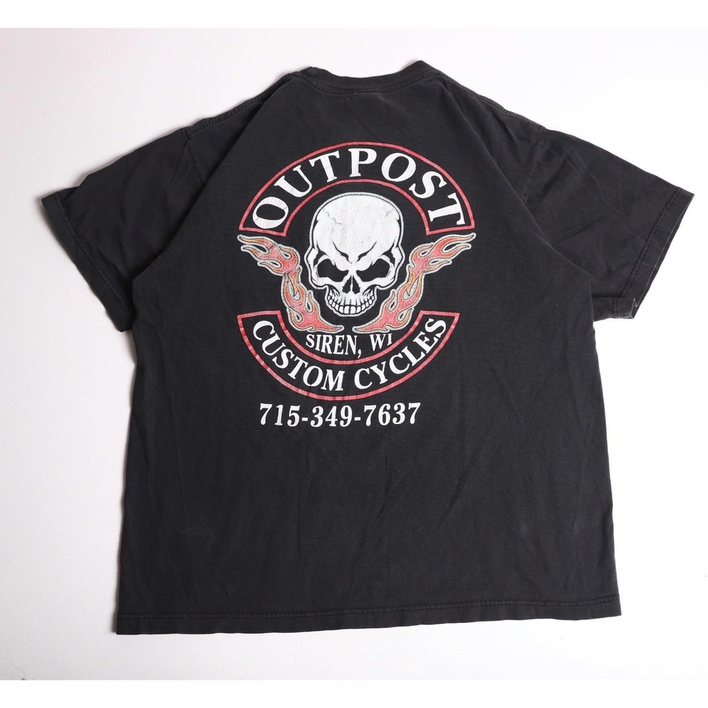 Vintage Outpost Custom Cycles Siren WI Biker T-Shirt XL Black Skull Eagle Pocket